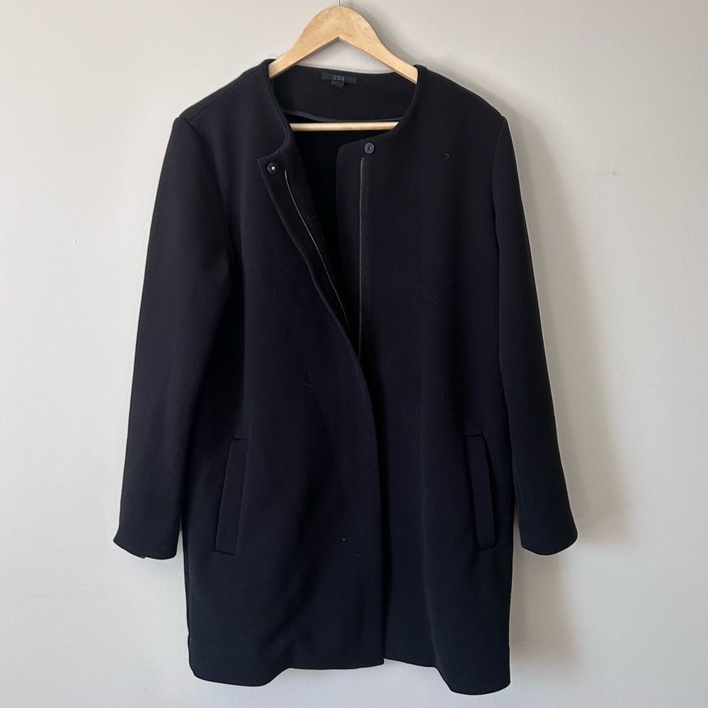 COS Black Knit Mid Weight Full Zipper Long Pea Coat Size Small